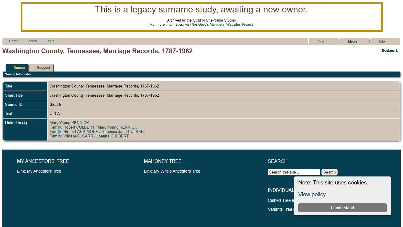 Washington County, Tennessee, Marriage Records, 1787-1962: Culbert Family Genealogy Project